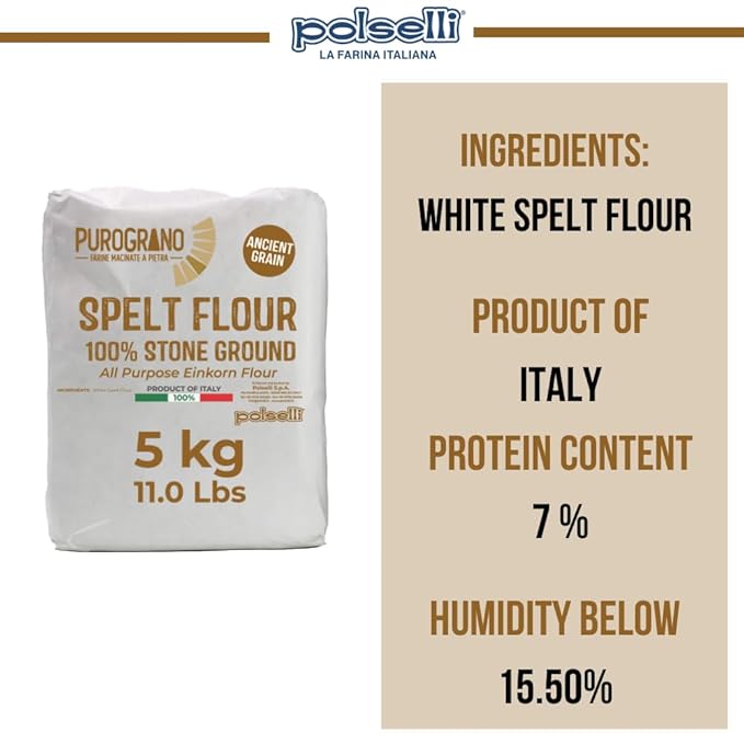 Polselli Purograno100% Stone Ground Spelt (Farro) Flour 5kg 11 lb – Ancient Whole Grain High Protein All-Purpose for Bread Pizza Pasta &amp Pastries – Imported from Italy. Unbleached unbroma