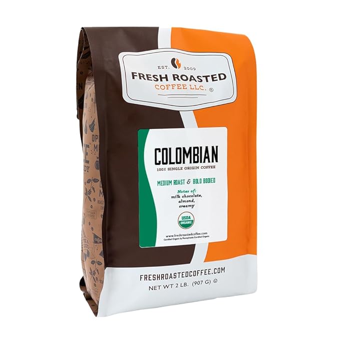 Fresh Roasted Coffee Organic Colombian | USDA Organic 100% Single Origin Kosher | Medium Roast 2 lb (32 oz) Whole Bean