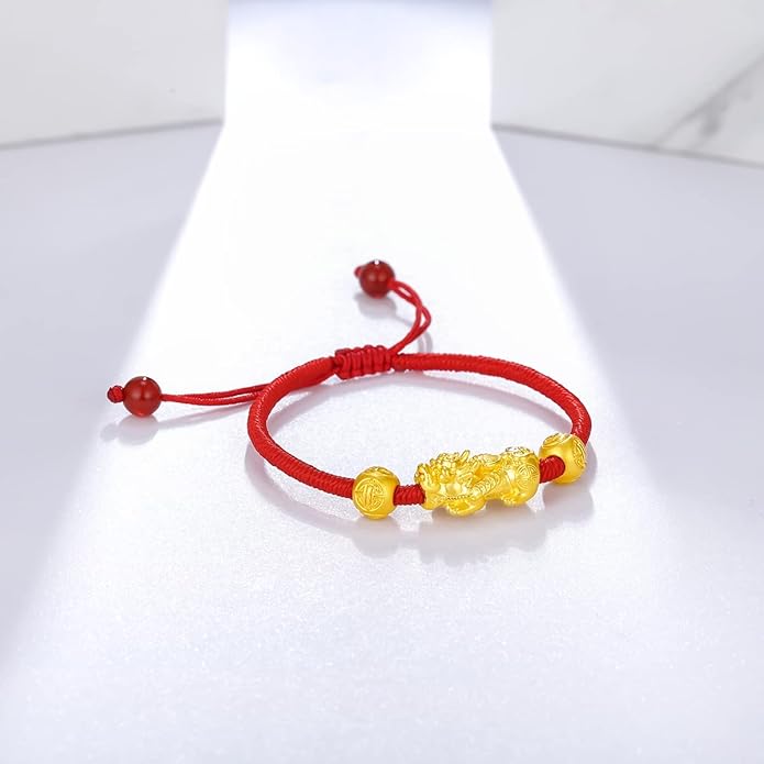 24K Solid Gold Bracelet for Women Real Pure Gold Jewelry Dainty Fortune Pixiu Ball Dragon Turtle Adjustable Red Black Braided Bracelet Her Men Mom
