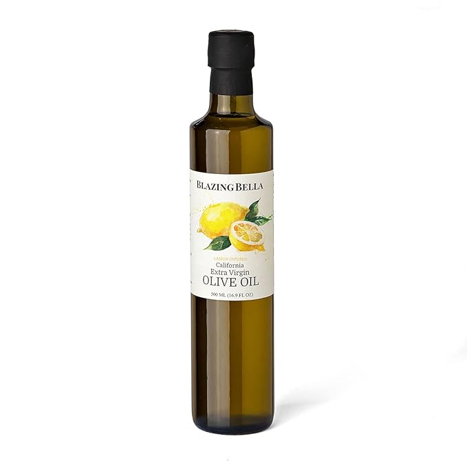 Blazing Bella Lemon Infused Extra Virgin Olive Oil – Bright Meyer Lemon Flavor Cold Pressed California Olive Oil Perfect for Salads Seafood and Everyday Cooking – 16.9 fl oz (500ml)
