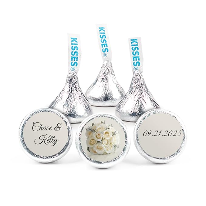 90 Pcs Personalized Wedding Candy Party Favors Silver Kisses with DIY Stickers Bulk Chocolate - Floral Bouquet - Assembly Required