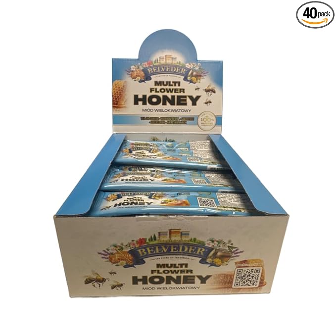 BELVEDER MultiFlower Honey Sachets Display. Proudly from Poland made by Bees