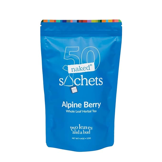 Two Leaves and a Bud Alpine Berry - 50 Naked Tea Sachets Naturally Caffeine Free Whole Leaf Herbal Tea in Eco-Friendly Unwrapped Compostable Sachets Resealable Bag 50 Count (Pack of 1)