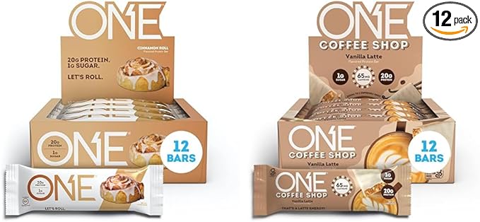 ONE Protein Bars Cinnamon Roll &amp Coffee Shop Vanilla Latte Gluten Free with 20g Protein 12 Count