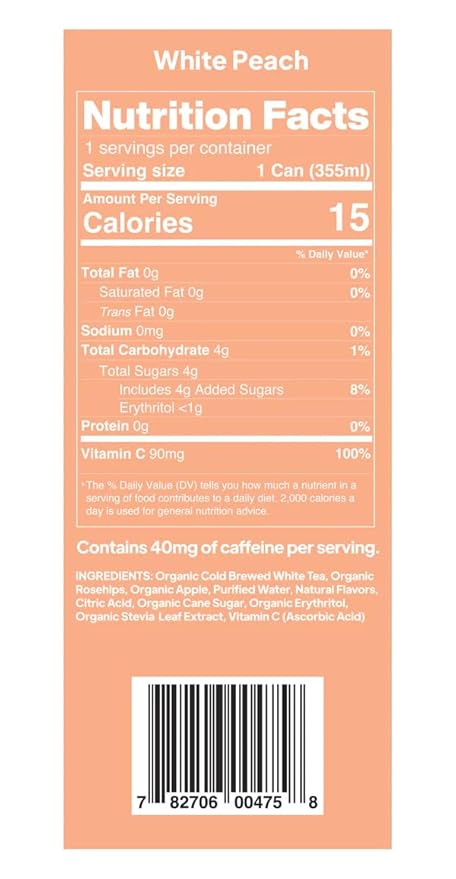 Beachball Organic Iced Tea White Peach Cold Brewed White Tea Low Sugar 12 pack (12oz can) antioxidants immune support electrolytes vitamin c