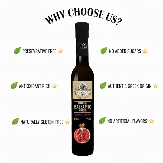Ellora Farms Pomegranate Infused Thick Aged Balsamic Vinegar No-Added Sugar No-Preservatives Real Fruit Glass Bottle 8.45 oz.