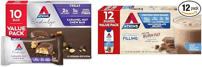 Atkins Endulge Caramel Nut Chew Bar Dessert Favorite 1g Sugar &amp Milk Chocolate Delight Protein Shake 15g Protein Low Glycemic 2g Net Carb 1g Sugar Keto Friendly 12 Count