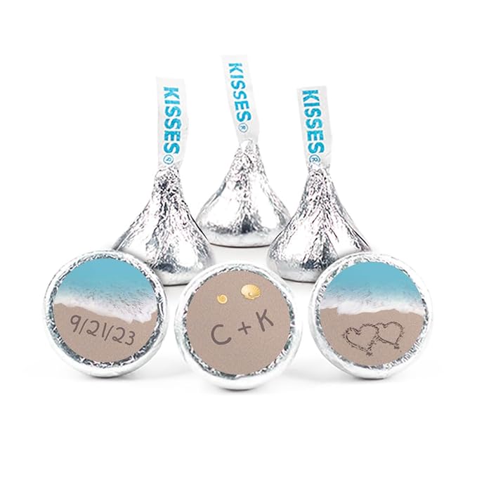 90 Pcs Personalized Wedding Candy Party Favors Silver Kisses with DIY Stickers Bulk Chocolate - Beach - Assembly Required