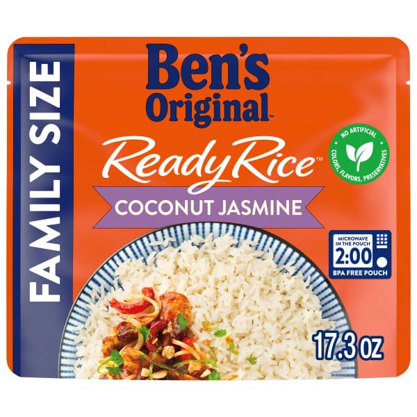 BEN'S ORIGINAL READY RICE Coconut Jasmine Family Size Rice Easy Dinner Side 17.3 oz Pouch (Pack of 6)