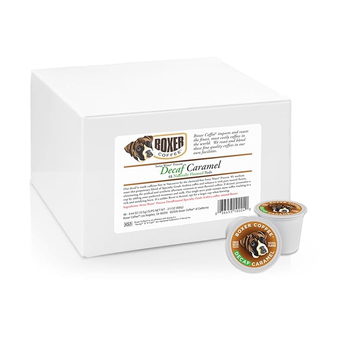 Boxer Coffee Swiss Water Process Decaf Caramel Naturally Flavored Pods compatible with Keurig K-Cup decaffeinated 48 count