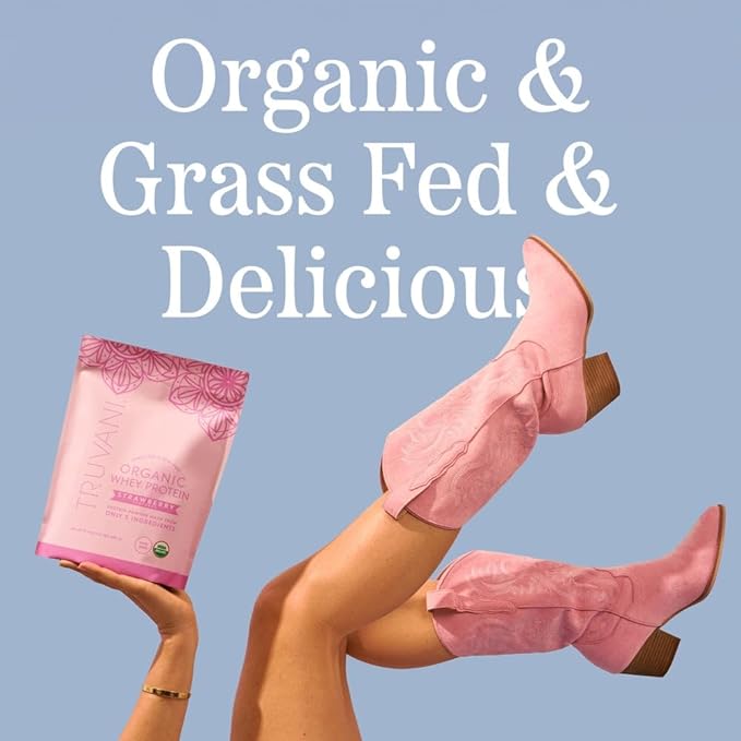Truvani Organic Whey Protein Powder | Strawberry | 20g Grass Fed Whey Protein | 20 Servings | USDA Organic &amp Non-GMO | Gluten Free | No Gums No Soy No Stevia No Added Sugars