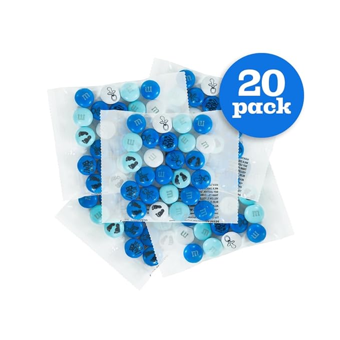 M&ampM'S World Baby Boy Milk Chocolate Favors 20 Packs 0.75oz each with Blue and White M&ampM'S for Boy Baby Showers Gender Reveal Parties and Guest Giveaways