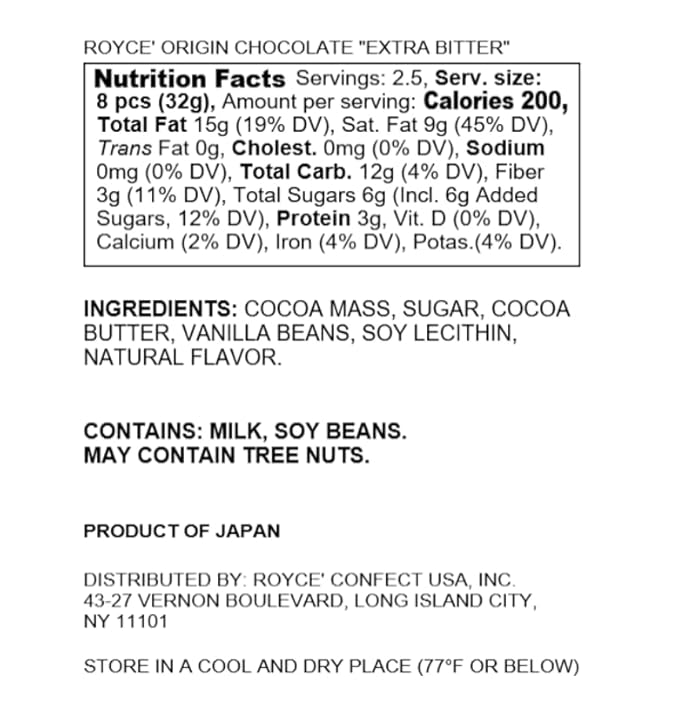 ROYCE' Origin Chocolate Extra Bitter - Assortment of Dark Chocolate Squares | Ideal for Baking and Desserts| No Artificial Preservatives | Japanese Chocolate from Hokkaido (20 Pieces of Chocolate Sq