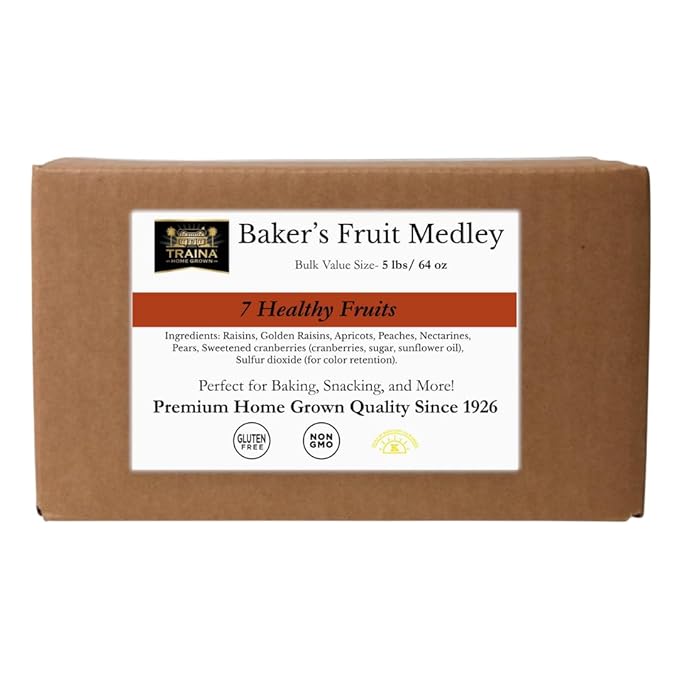 Traina Home Grown Baker’s Dried Fruit Medley - Raisins Apricots Peaches Nectarines Pears Sweetend Cranberries - Bulk 5 lb Case Non-GMO Gluten-Free- Dried Fruit for Bakeries Restaurants &amp F
