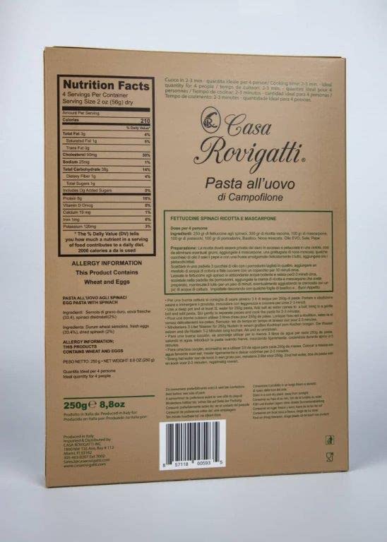 Fettuccine With Spinach (Pack of 4) - Italian Fettuccine Pasta Agli Spinaci From the region of Di Campofilone- Imported Italian Egg Pasta- 8.8 ounces / 250 grams