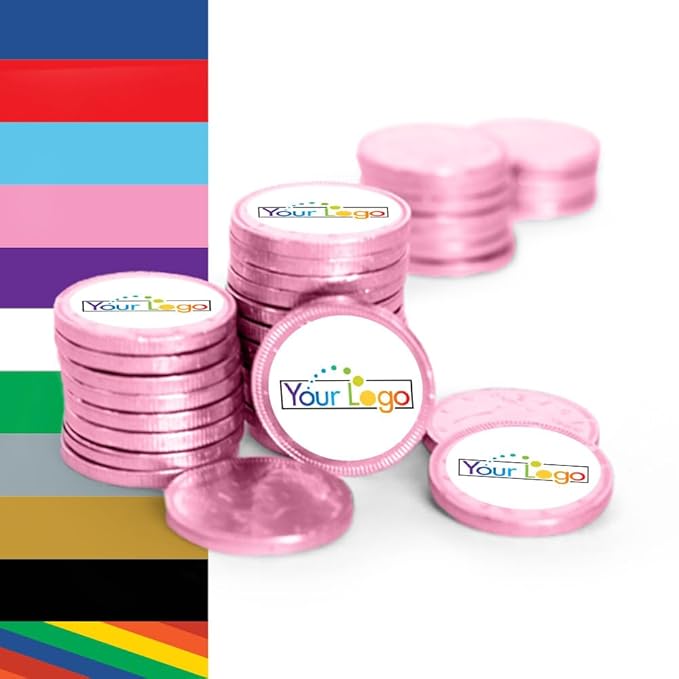 80ct Logo Candy Chocolate Coins with Company Logo Business Promotional Items (80 Pack) Personalized Tradeshow &amp Marketing Giveaways - Pink Foil