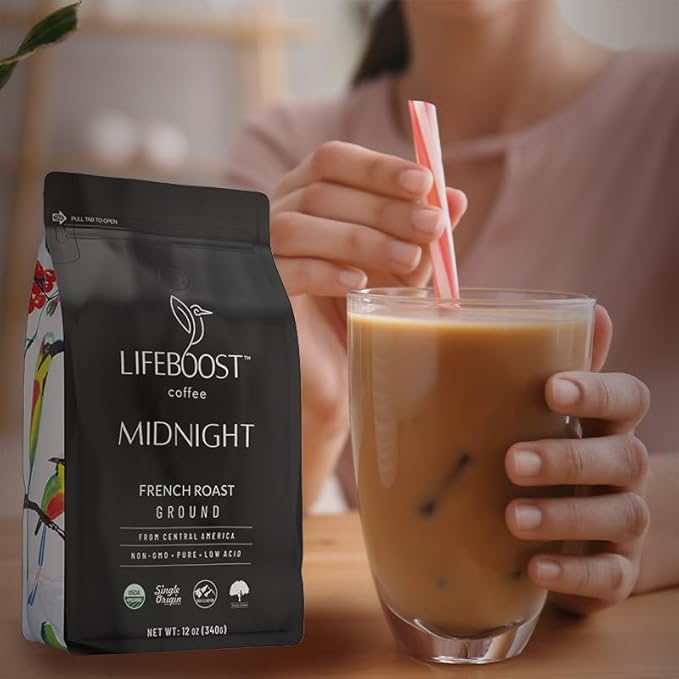Lifeboost Midnight French Roast Coffee Ground - Non-GMO Single Origin USDA Organic Low Acid Coffee French Roast - Third Party Tested For Mycotoxins &amp Pesticides - 12 Ounces