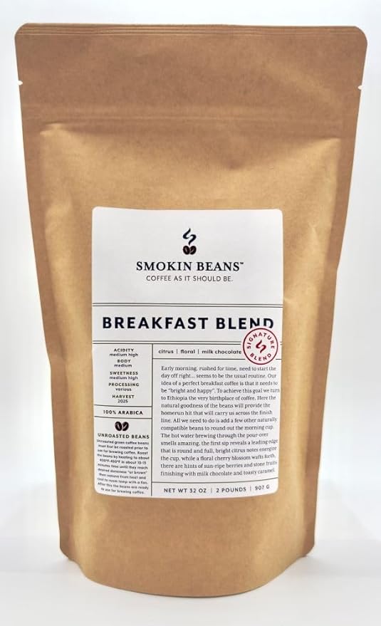 2-Pound Breakfast Blend Unroasted Green Arabica Coffee Beans Fresh Current Crop Specialty Grade Roast the Beans Yourself at Home on Your Roasting Equipment Prior to Using for Brewing Coffee