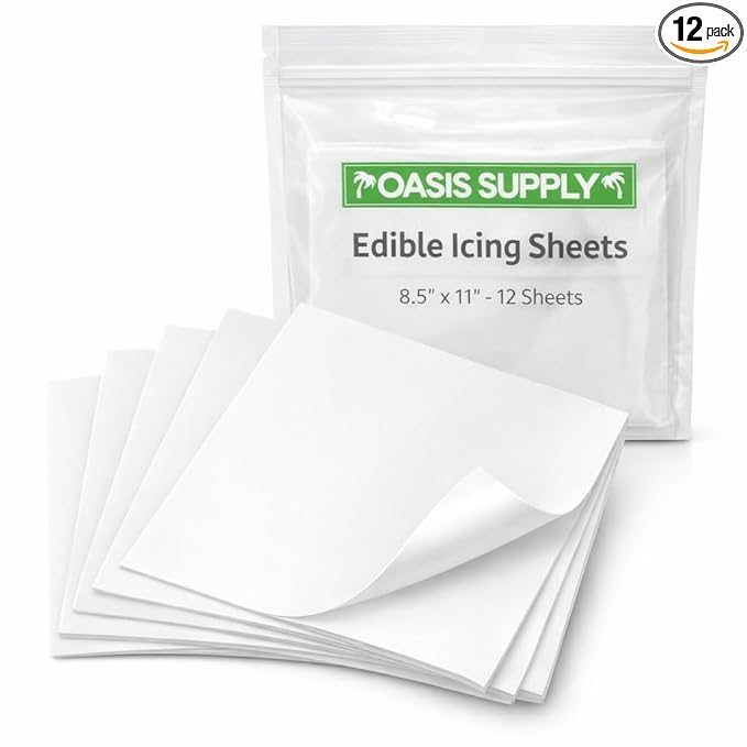 Oasis Supply Ultra Flexible Edible Icing Sheets – 12 Premium Frosting Sheets 8.5 x 11 Printable Edible Paper for Edible Ink Printers Cake Toppers Edible Images &amp Photo Cakes – Bright White Print
