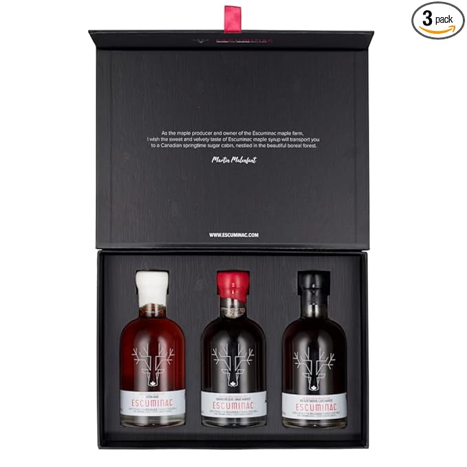 Escuminac Organic Maple Syrup Gift Set | 3 Harvests Included From Delicate to Strong Taste | 100% Pure Canadian Maple Syrup | Gourmet Tasting Trio