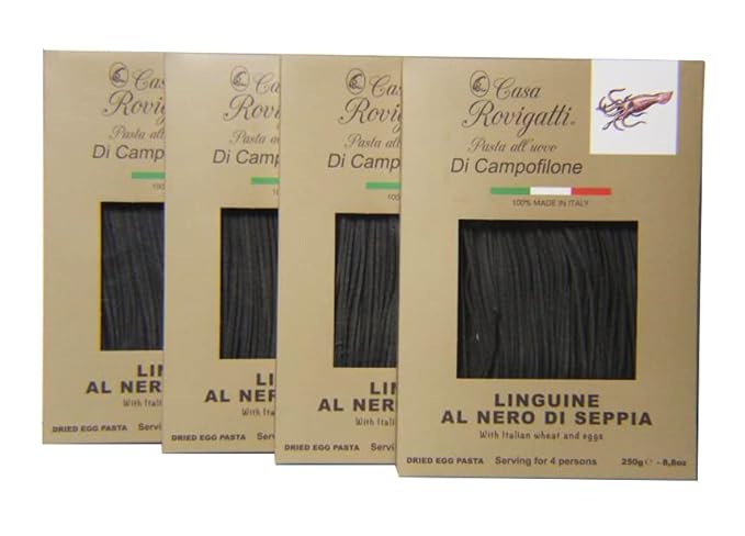 Linguine with Ink of Squid (Pack of 4) - Italian Linguine Al Nero Di Seppia Pasta From the Region of Di Campofilone- Imported Italian Egg Pasta- 8.8 ounces / 250 grams