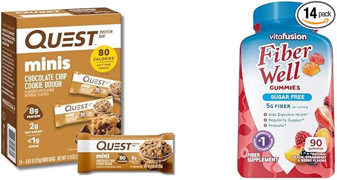 Quest Mini Protein Bars and Vitafusion Sugar Free Fiber Gummies Bundle 14 Count Protein Bars and 90 Count Fiber Supplements