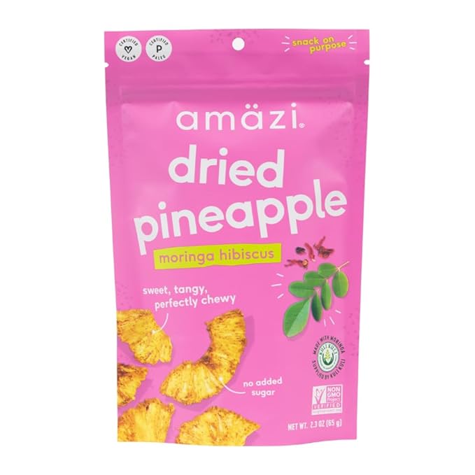 Amäzi Foods | Dried Pineapple - Moringa Hibiscus (6 Pack) | All Natural Snacks | No Sugar Added Dried Pineapple | Dehydrated Fruit