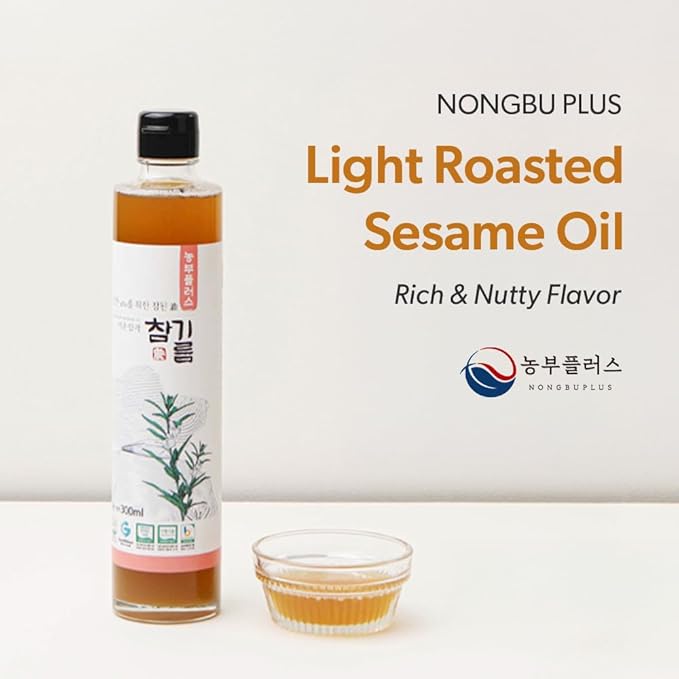 NONGBU PLUS Light Roasted Sesame Oil 10.14 Fl Oz (300ml) 한국산 저온압착 참기름 – 100% Pure Sesame Seed Oil Korean-Style Rich &amp Nutty Flavor