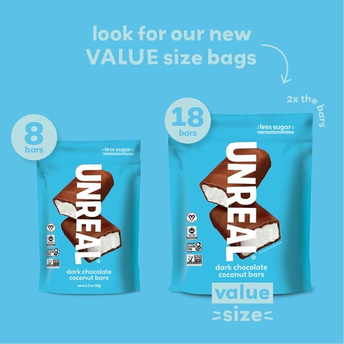 UNREAL Dark Chocolate Coconut Bars (2 Value Size Bags) | Vegan 3g Sugar &amp 3 Simple Ingredients | Non-GMO Gluten Free &amp Fair Trade | 9.5oz each