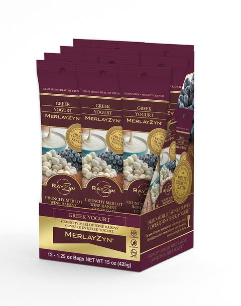 Wine RayZyn® - Greek Yogurt Covered MerlayZyn® - Hand Harvested Dried Merlot Wine Raisins® from Napa Valley enrobed in smooth and creamy Greek Yogurt – The Healthier Raisin with a Natural Crunch - A