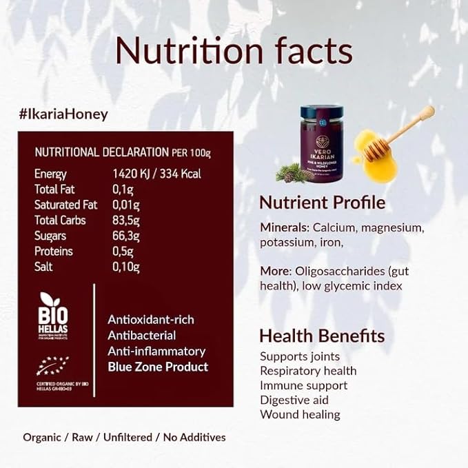 Greek Superherbs Ikaria Honey - 100% Organic Raw Unfiltered Blue Zone Longevity Honey with Earthy Flavor - Antioxidant Rich for Wellness Energy &amp Immunity Support | Pine &amp Wildflower (16 oz