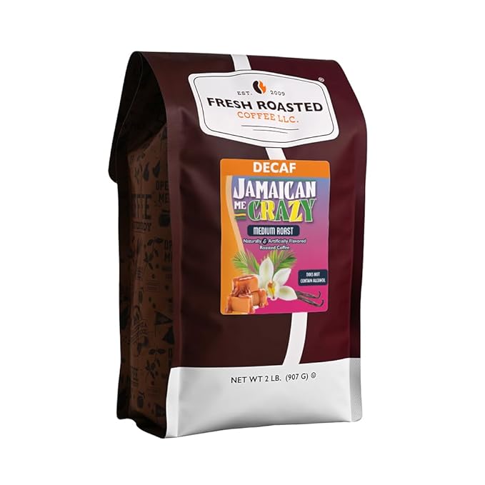 Fresh Roasted Coffee Decaf Jamaican Me Crazy Flavored Coffee 2 lb (32 oz) Medium Roast Kosher Ground