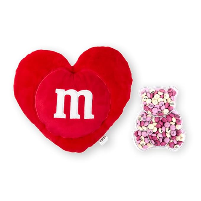 M&ampM’S Teddy Bear with Heart Pillow Bundle Unique Gift for Valentine's Day