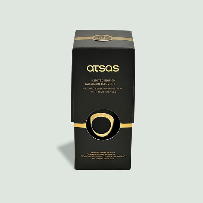 Atsas Gold Limited Edition Organic Extra Virgin Olive Oil - 3024mg/kg Polyphenol Kalamon Harvest Greek EVOO - Cold Pressed Unfiltered - Award Winning Gourmet Finishing Oil - 250ml Glass Bottle