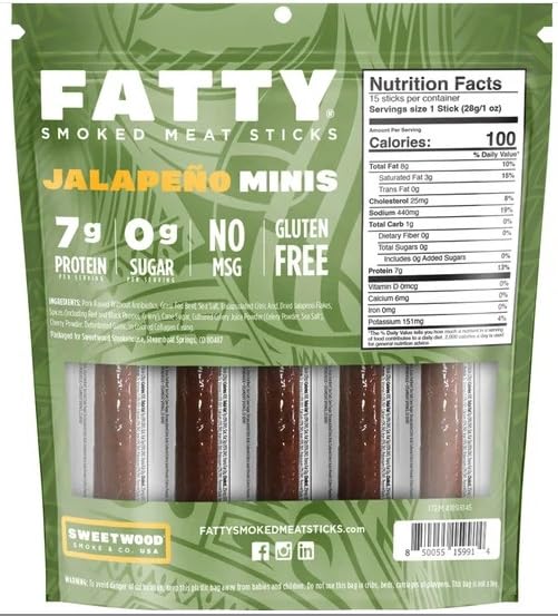 (Total 15 Jalapeno Minis Sticks) Fatty Smoked Meat Sticks Jalapeno Minis Flavor Made with Grass Fed Beef and Pork Raised Without Antobiotics1 Ounce/Stick