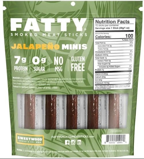 (Total 15 Jalapeno Minis Sticks) Fatty Smoked Meat Sticks Jalapeno Minis Flavor Made with Grass Fed Beef and Pork Raised Without Antobiotics1 Ounce/Stick