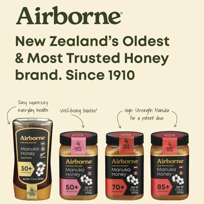 Airborne Manuka Honey 50+ New Zealand - Premium 100% Pure Raw Manuka Honey (17.85 oz)