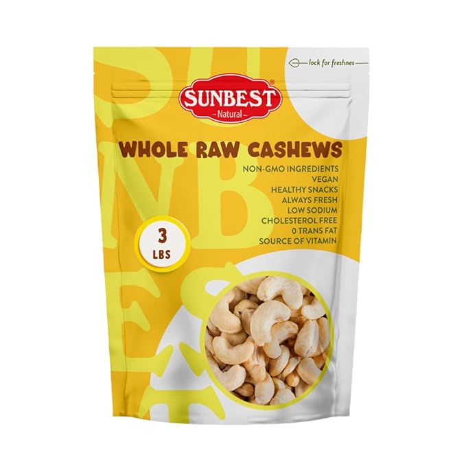Sunbest Natural Raw Whole Cashews – 48 oz (3 lb) Bulk Bag – Unsalted Unroasted Cashews Vegan Gluten-Free Non-GMO – Perfect for Snacking Cooking &amp Baking