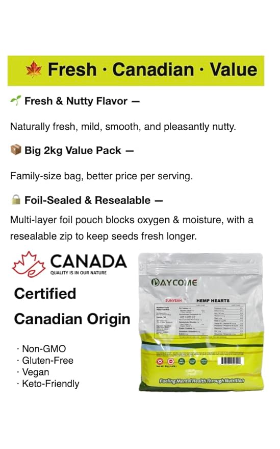 SUNYEAH Canadian Hemp Hearts - 2kg of Pure Prairie Saskatchewan Harvest Shelled Hemp Seeds Perfect for Smoothies Yogurt and Salads - Non-GMO Vegan Keto Gluten-Free(Pack of 1)