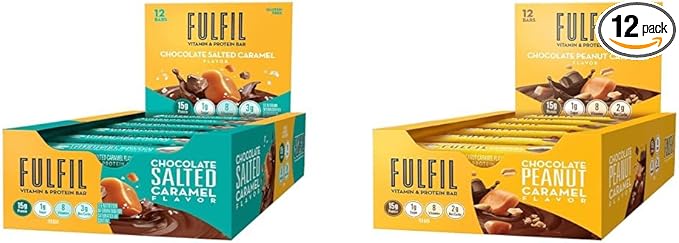 FULFIL Vitamin &amp Protein Bars Chocolate Salted Caramel &amp Chocolate Peanut Caramel 15g Protein 8 Vitamins 12 Count