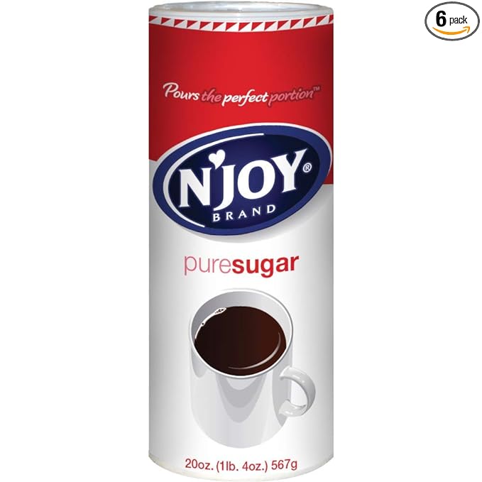 N'Joy Sugar Canister | 20 Ounce Pack of 6 | 100% Pure Granulated Sugar| Easy Pour Lid Bulk Size