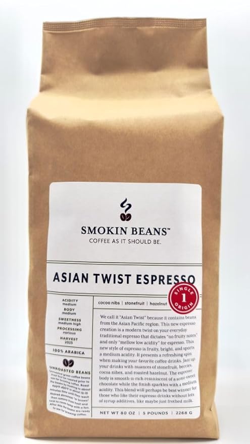 5-Pound Asian Twist Espresso Unroasted Green Coffee Beans Fresh Current Crop Specialty Grade Roast the Beans Yourself at Home on Your Roasting Equipment Prior to Using for Brewing Coffee