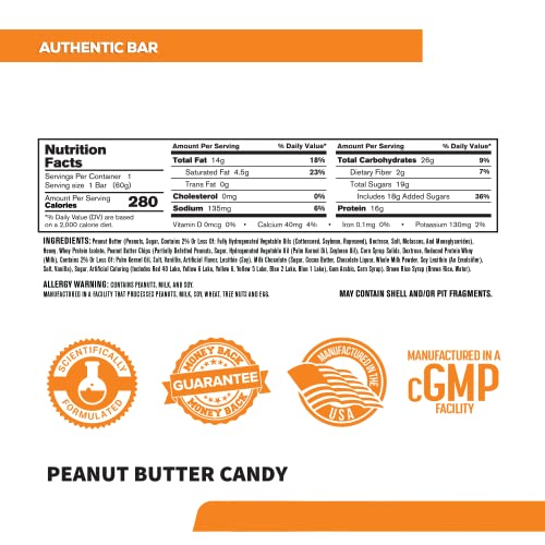 Authentic Bar Peanut Butter Candy Protein Bars - Tasty Meal Replacement Energy Bars w/ 15g Whey Protein Isolate Natural Sugars from Pure Honey Healthy Fat Peanut Butter Foundation - 6 Pack