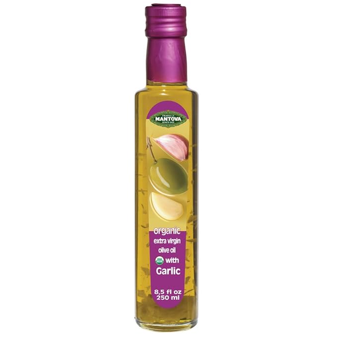 Mantova USDA Organic Garlic Extra Virgin Olive Oil (EVOO) Cold-Pressed Imported from Italy. Perfect for salad dressing vegetables pasta salad dipping Italian bread or pan frying 8.5 ounce