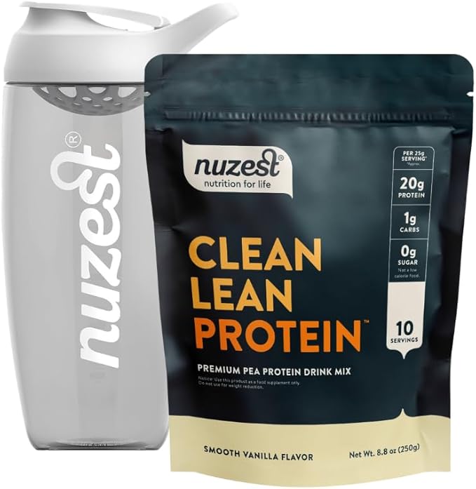 Nuzest Vegan Pea Protein Powder - Smooth Vanilla Flavor 8.8 oz + 24 oz Sports Shaker