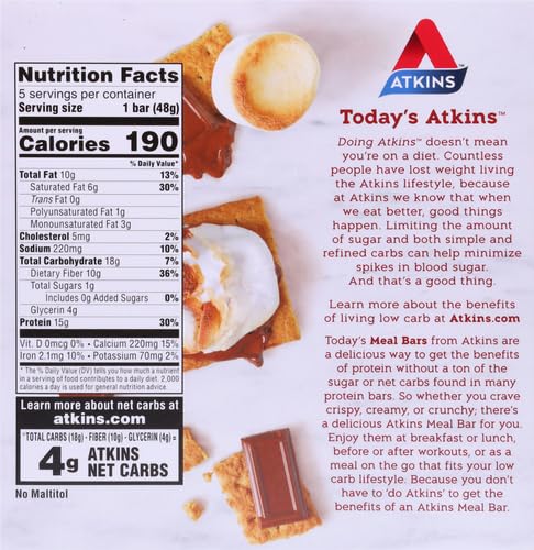 Atkins S’mores Protein Meal Bar High Fiber 1g Sugar 4g Net Carbs Meal Replacement Keto Friendly 5 Count