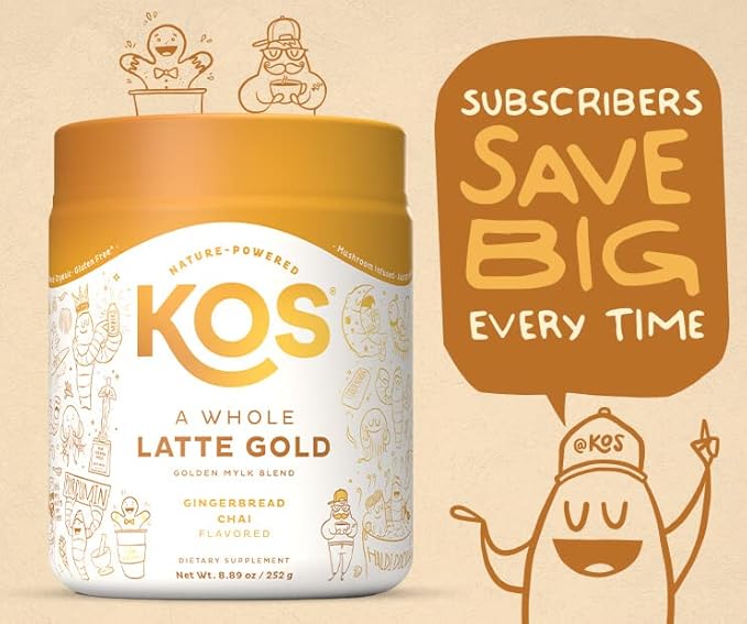 KOS Golden Mylk with Tumeric and Ginger Organic Superfood Latte Powder Adaptogen Mushroom Blend - Coffee Creamer Dessert &amp Smoothie - Caffeine Free Vegan Dairy-Free Gingerbread Chai 28 Serv