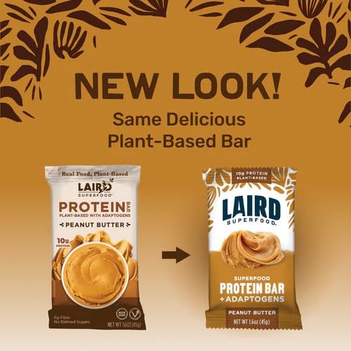 Laird Superfood Functional Protein Bars – Protein Bar but Better with Real Ingredients Functional Mushrooms 10g Plant-Based Protein 6g Fiber - Non-GMO - Peanut Butter 10 Count (Pack of 1)