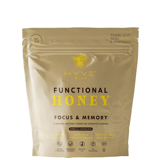 HYVE Mind Functional Honey – Focus &amp Memory Organic Honey with Lion's Mane Mushrooms Raw Cacao Bee Pollen &amp L-Theanine – Cognitive Support 15 Packets