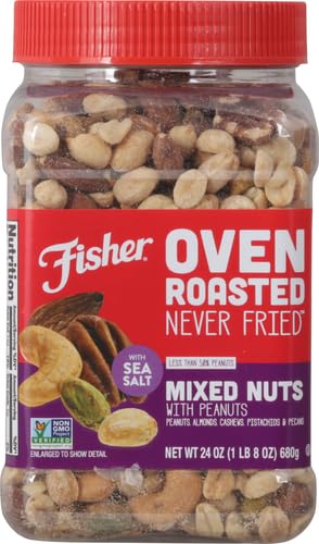 Fisher Oven Roasted Never Fried Mixed Nuts with Peanuts 24 Ounces (Pack of 2) Peanuts Almonds Cashews Pistachios Pecans Snacks for Adults Made With Sea Salt No Added Oils Artificial Ingredie